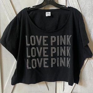 Victorias Secret LOVE PINK Oversized Black Crystal BOXY Crop Top Shirt L Large